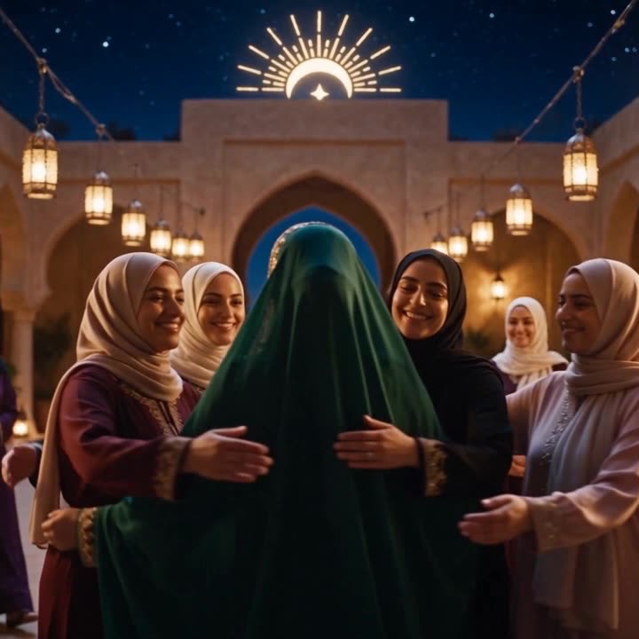 Artwork from the gala invitation: women embracing in a lantern-lit courtyard